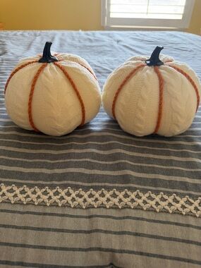 Cream Knit Decorative Pumpkins with Orange Accents